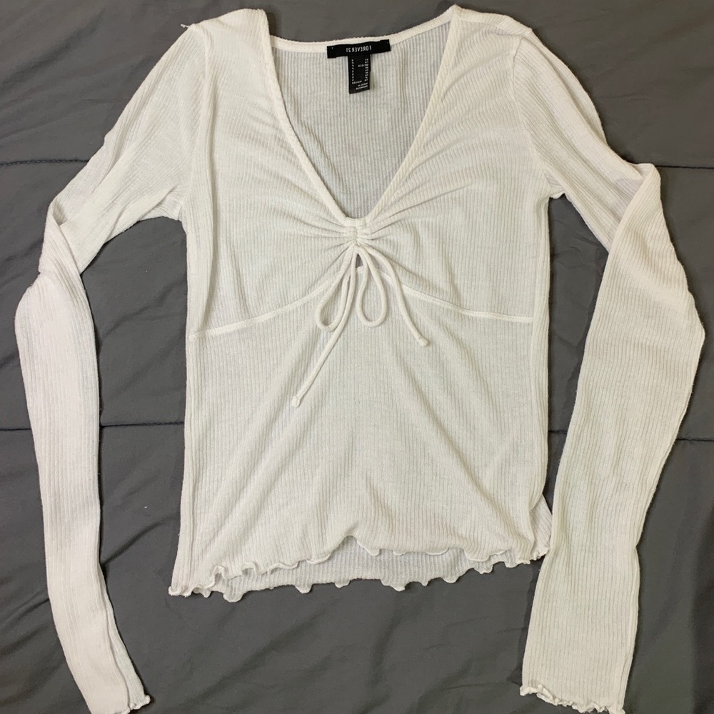 White long-sleeved front-tie shirt